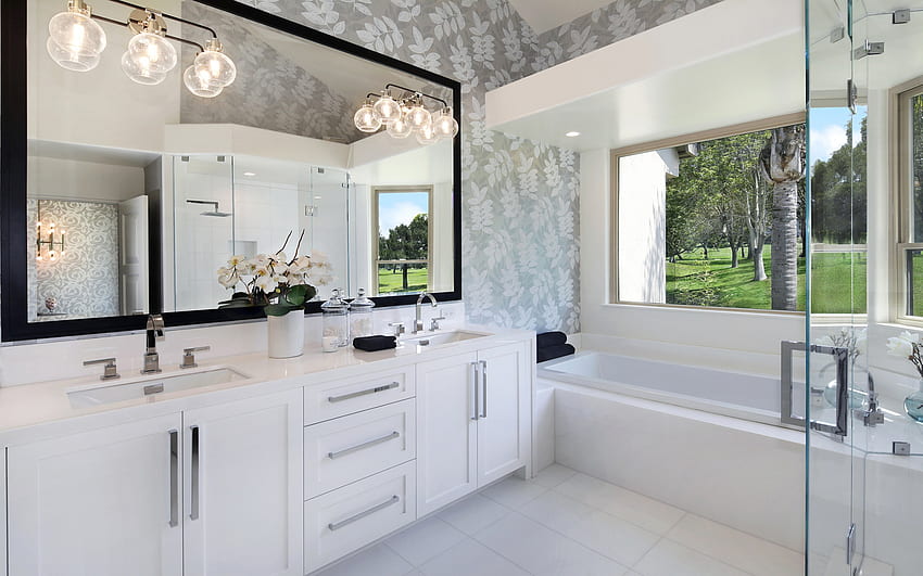 design elegante do banheiro, design de interiores moderno, estilo clássico, banheiro, móveis brancos no banheiro, interior elegante papel de parede HD