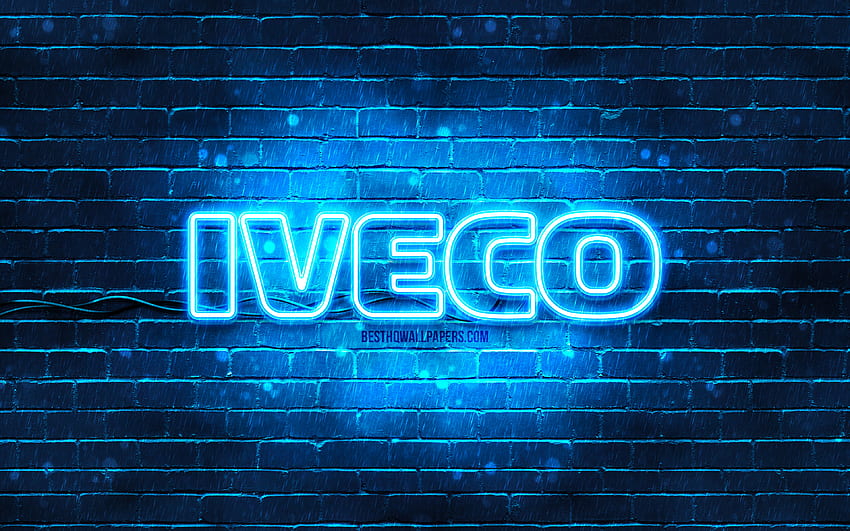 Iveco blue logo, , blue brickwall, Iveco logo, cars brands, Iveco neon logo, Iveco HD wallpaper