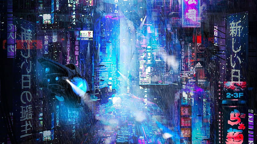 future, neon, city, rain , v, background HD wallpaper