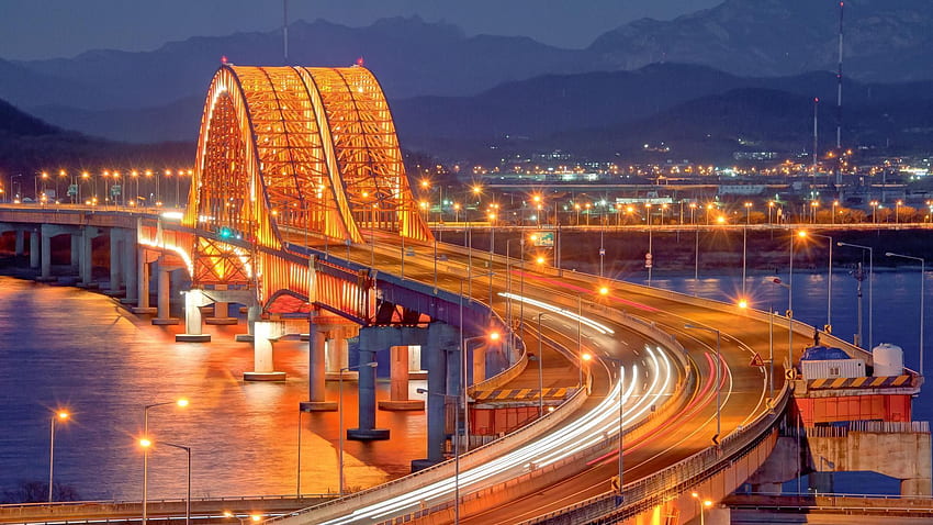 feux sur les ponts. paysages urbains, nuit, lumières, ponts, atome, routes, Goyang Corée Fond d'écran HD