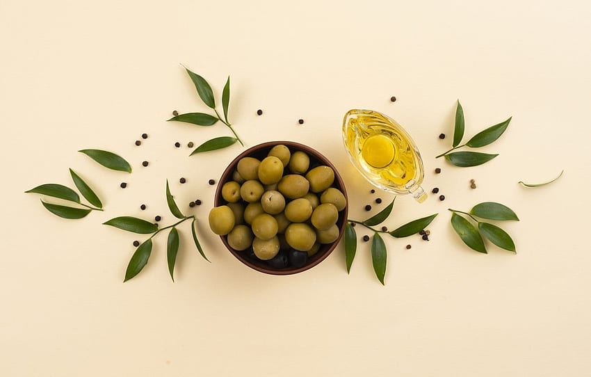 leaves, plate, olives, olives, olive oil, olive for , section еда HD wallpaper