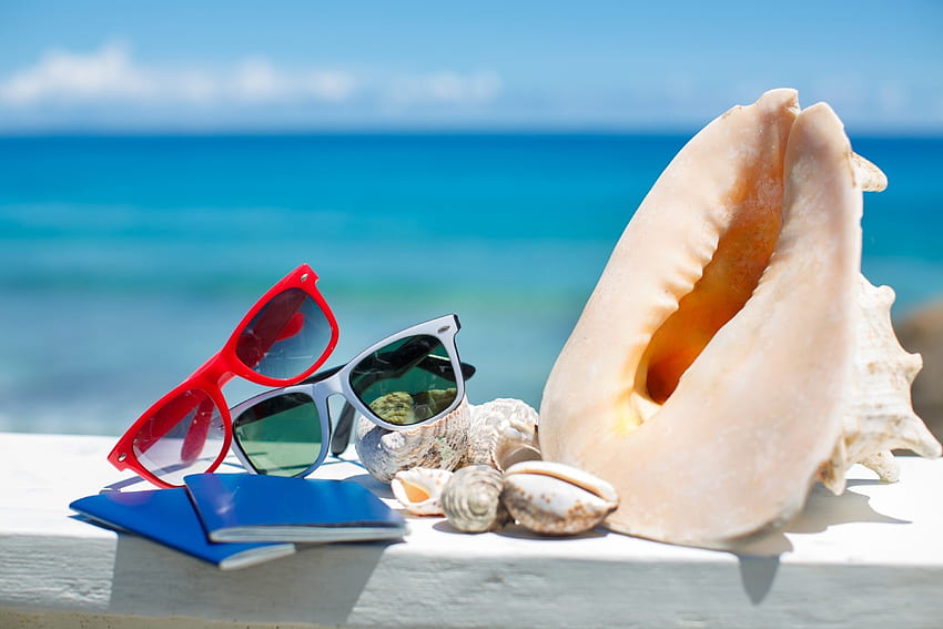 Vacances d'été, mer, soleil, été, coquillages, lunettes, vacances, plage Fond d'écran HD
