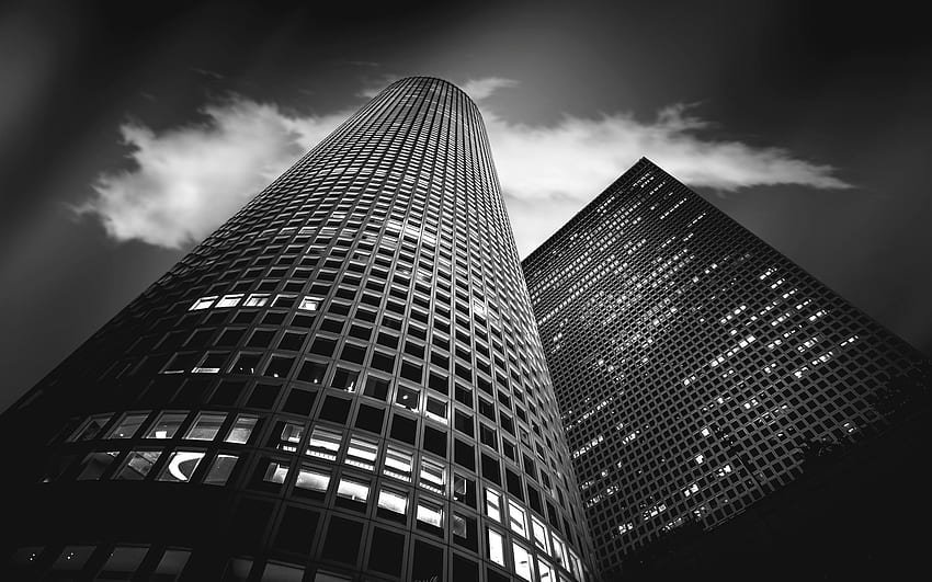 밤, 고층 빌딩, 현대 건축, 비즈니스 센터, 해상도가 있는 마천루의 흑백. 고품질 HD 월페이퍼