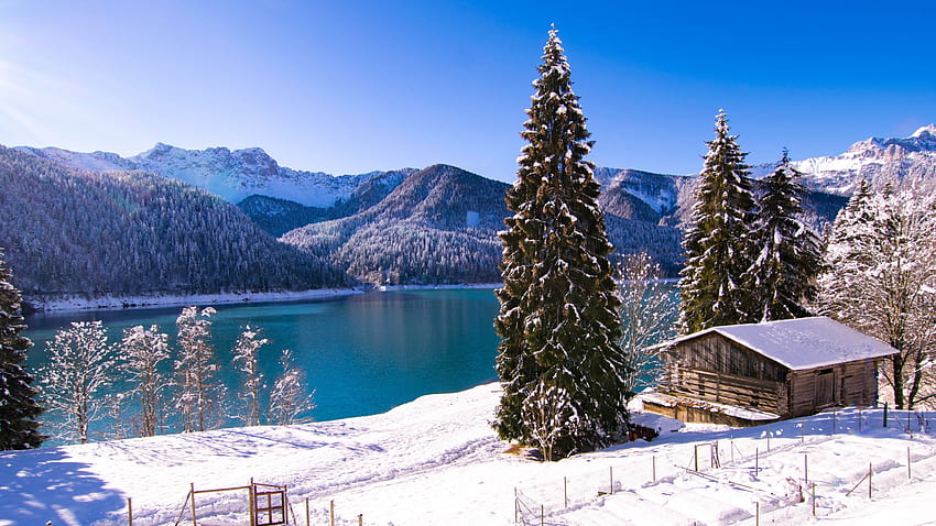 Lake Sauris, Italian Alps, Dolomieswinter, snow, trees, landscape, sky, italy, cabin HD wallpaper