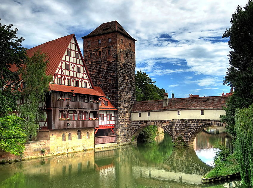 Nuremberg Germany Bridges Rivers Cities Houses HD wallpaper