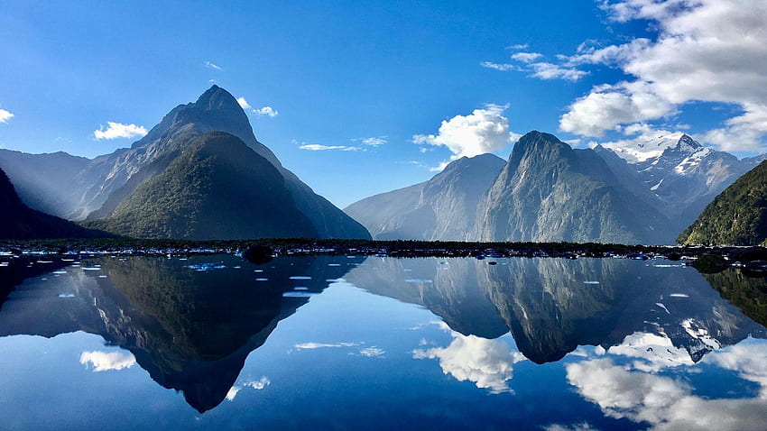 Fiordland, New Zealand, clouds, sky, mountains, water, reflections HD wallpaper