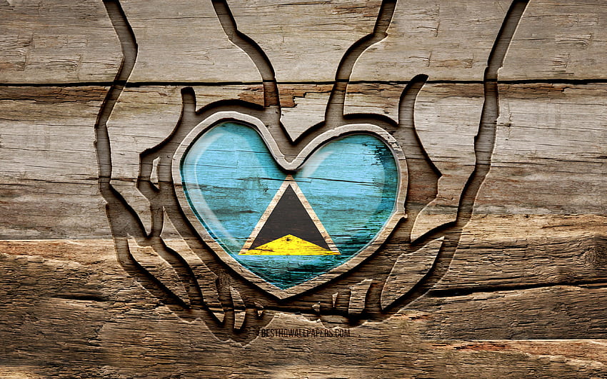 I love Saint Lucia, , wooden carving hands, Day of Saint Lucia, Flag of Saint Lucia, Take care Saint Lucia, creative, Saint Lucia flag, Saint Lucia flag in hand, wood carving, North American countries, Saint Lucia HD wallpaper
