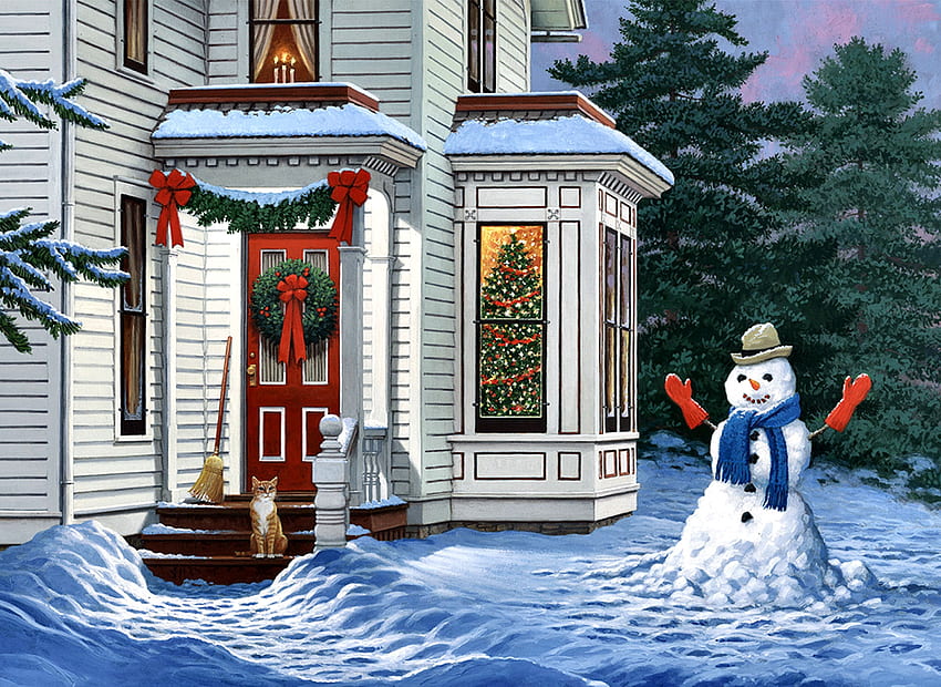 Warm Welcome F2Cmp, winter, December, art, beautiful, welcome, illustration, artwork, snowman, scenery, occasion, wide screen, holiday, painting, Christmas, snow HD wallpaper
