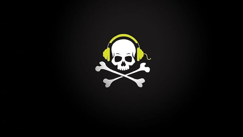 White and yellow pirate skull with headphone logo HD wallpaper