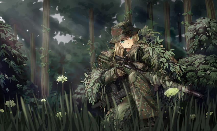TC1995 Anime Anime Girls Personagens originais Arma militar Camuflagem Ghillie Suit Rifle de precisão Gu - Resolução: papel de parede HD