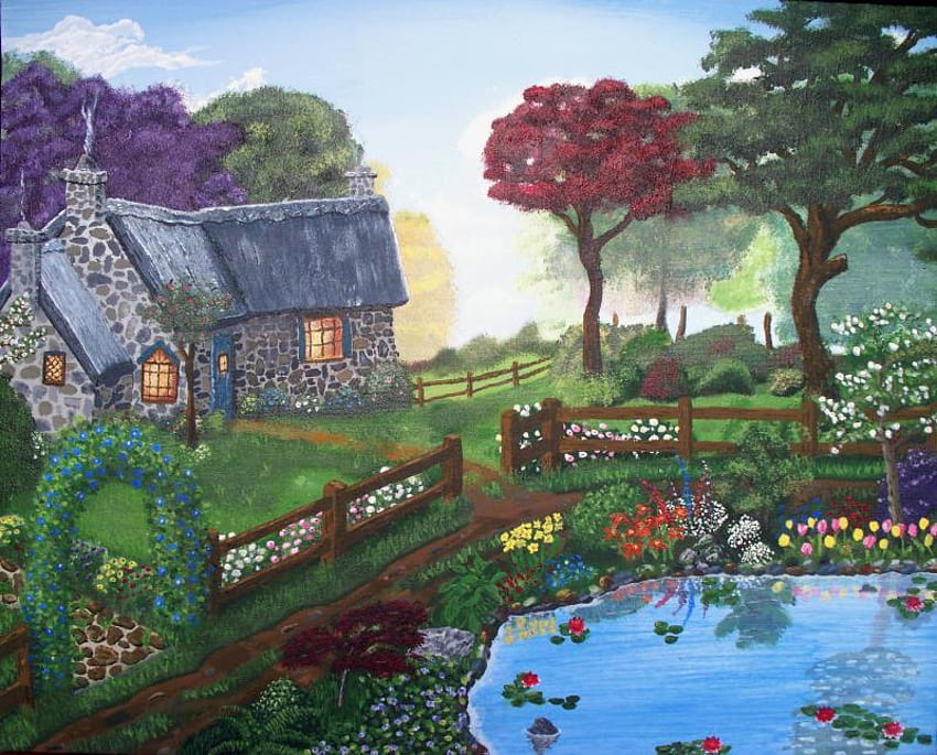 Pondok Pedesaan, lukisan, pohon, bunga, pondok, pedesaan, kolam Wallpaper HD