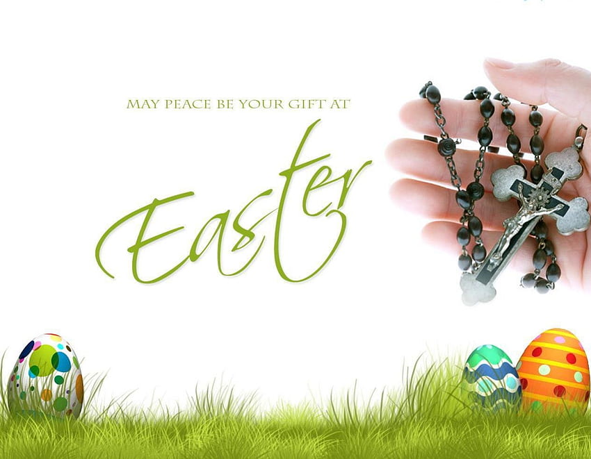 Niech pokój będzie Twoim darem..., krzyż, Jezus, naszyjnik, trawa, jajka, wiosna, ręka, wakacje, pisanki, Wielkanoc Tapeta HD