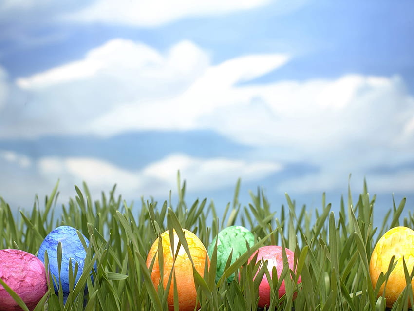 Easter eggs, blue, beautiful, grass, eggs, pink, green, yellow, clouds, sky, easter HD wallpaper