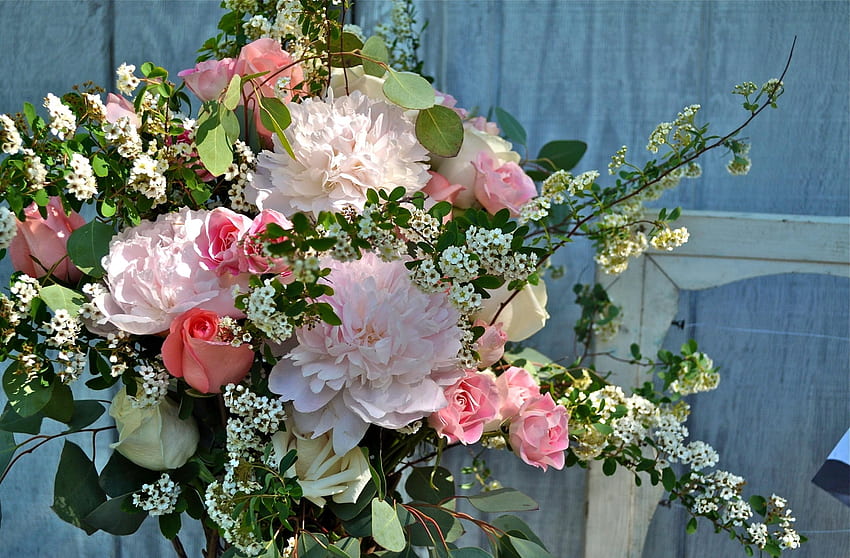 Flowers, Roses, Peonies, Branches, Bouquet, Tea Tree HD wallpaper