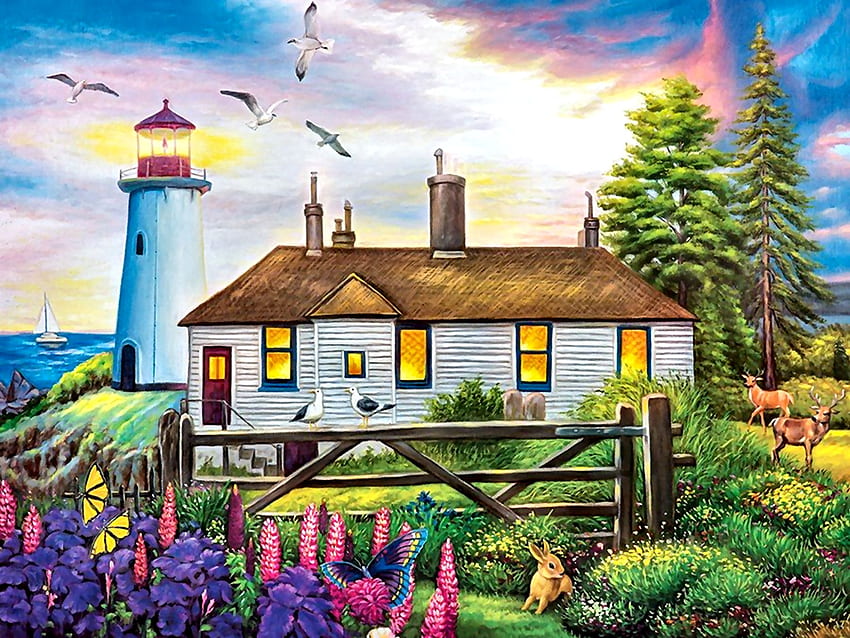 Cozy Inn Lighthouse F1, faro, uccelli, architettura, arte, bellissimo, cabina, opere d'arte, farfalle, scenario, schermo panoramico, pittura, cervo, paesaggio marino, cottage, chalet Sfondo HD