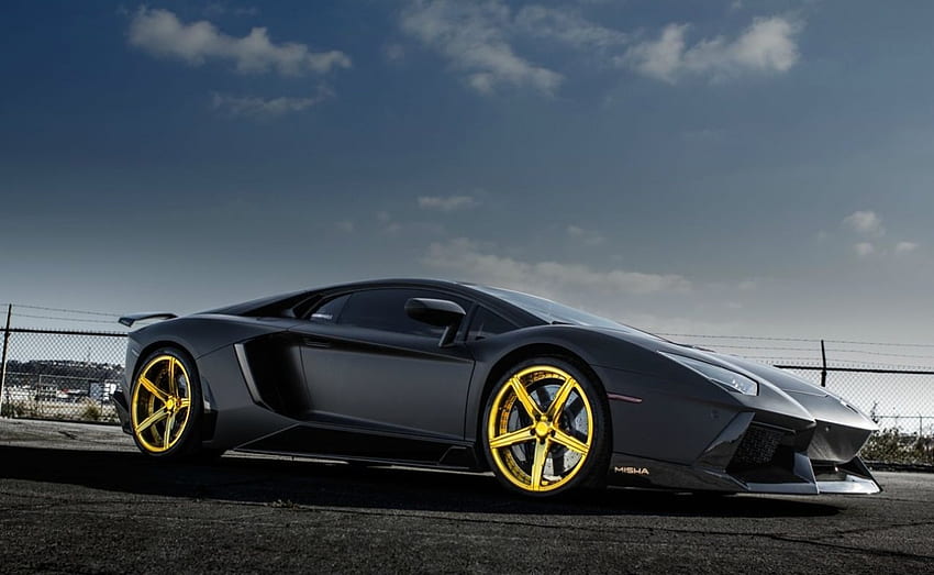 Chris-Browns-Matte-Black-Lamborghini-Aventador, Златни джанти, Матово черно, Lambo, Екзотична кола HD тапет
