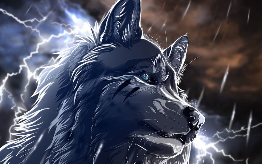 Arte wolfroad Lobo lluvia relámpago noche fantasía animales., Blue Lightning Wolf fondo de pantalla