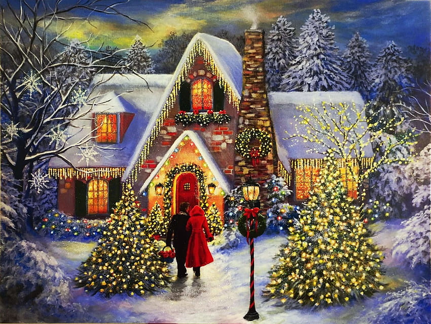 Christmas House, snow, winter, painting, decorations, trees, cottage, people HD wallpaper