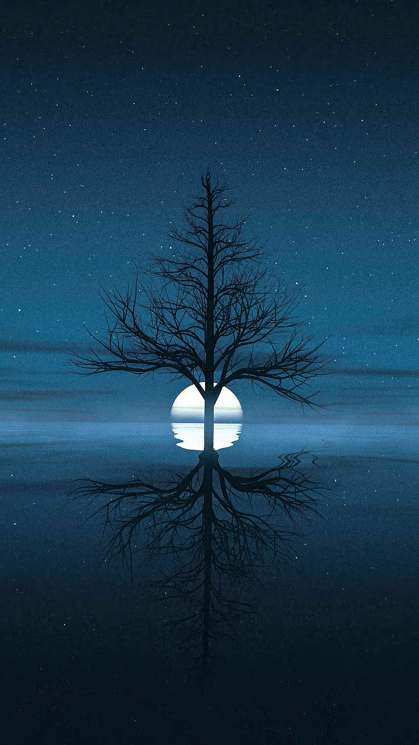 Bulan terbenam di belakang pohon, pantulan, danau, siluet wallpaper ponsel HD