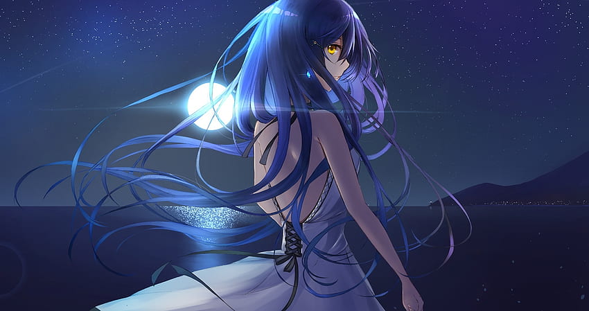 Nocne wyjście, dziewczyna z anime, niebieskie długie włosy Tapeta HD