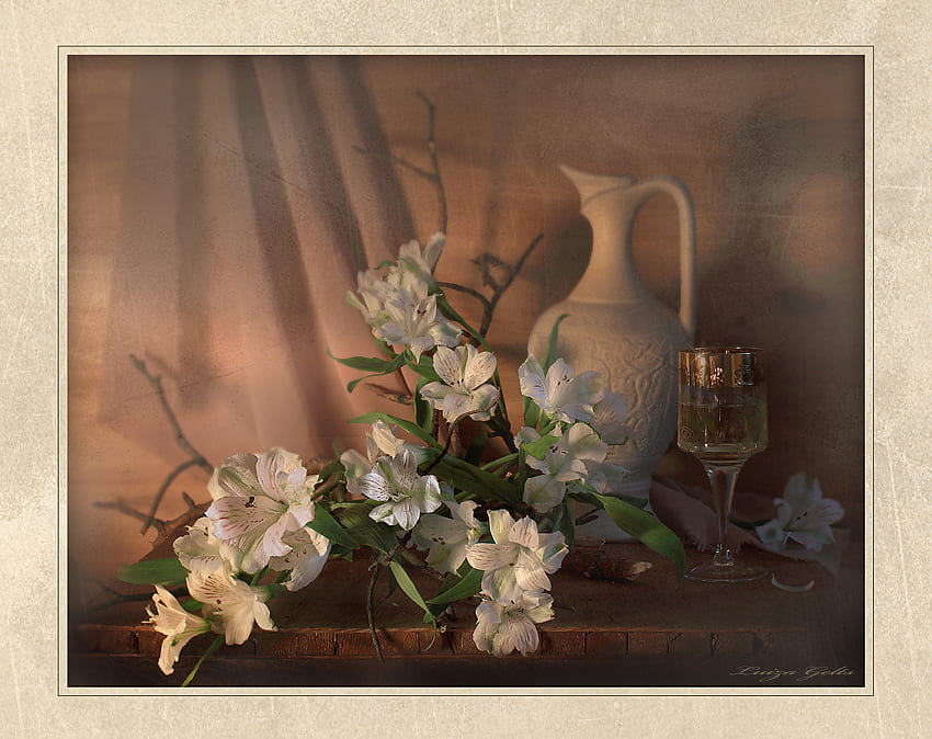 Raffinesse, Tisch, Weinglas, Vase, Glas, Blumen, Seide HD-Hintergrundbild