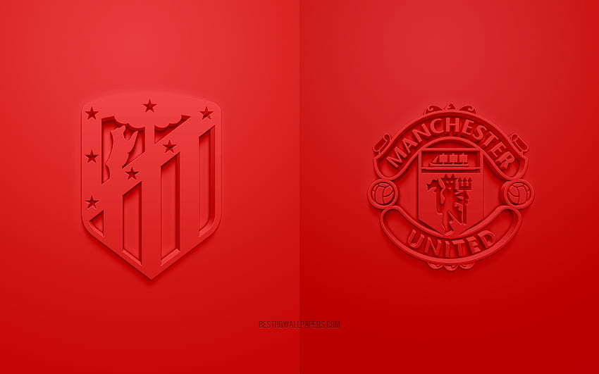 Atletico Madrid vs Manchester United, 2022, UEFA Champions League, Eighth-finals, 3D logos, red background, Champions League, football match, 2022 Champions League, Manchester United FC, Atletico Madrid HD wallpaper