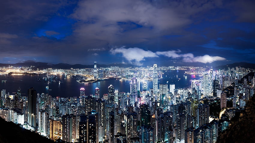 ฮ่องกง ประเทศจีน กลางคืน มหานคร ตึกระฟ้า ไฟ สีฟ้า วอลล์เปเปอร์ HD