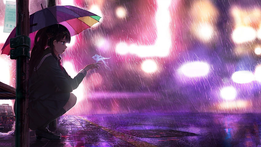 Blurry, Anime School Girl, Umbrella, Neon Lights, graphic for iMac 27 inch, 2560X1440 Blurry Lights HD wallpaper