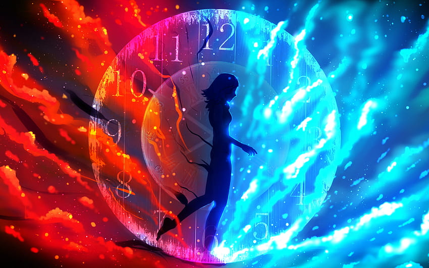 Докато времето минава, аниме момиче, часовник, червено и синьо аниме HD тапет