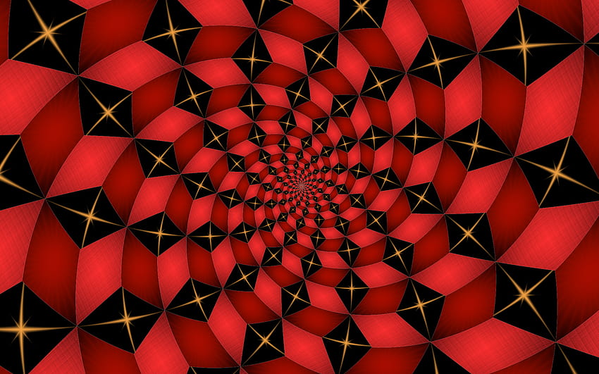 Red Star Spiral, black, gold, spiral, star, illusion, 3d, red, texture, tesselated, pattern HD wallpaper