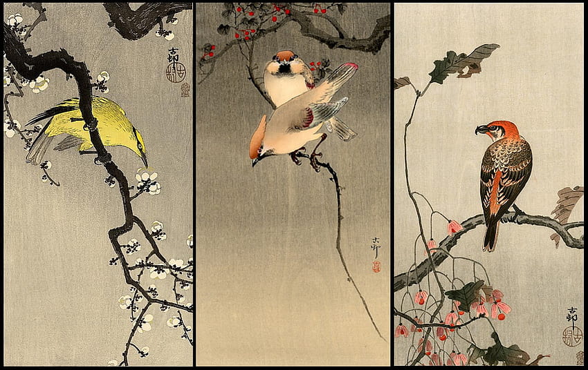Koson Triptych, artwork, birds, branches, oriental, berries leaves, blossom HD wallpaper