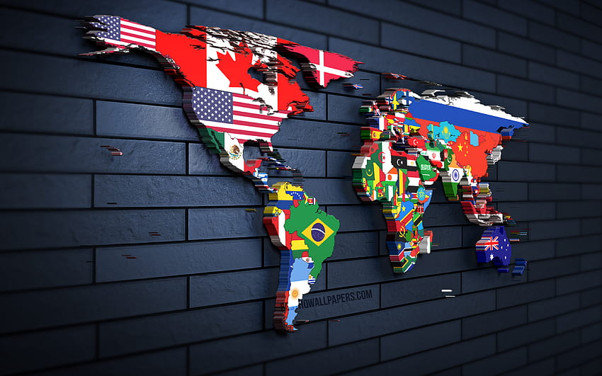 Polityczna mapa świata 3D, niebieski mur z cegły, mapa krajów świata, kreatywny, mapy świata, sztuka 3D, mapa świata 3D, koncepcje mapy świata, mapa świata z flagami Tapeta HD