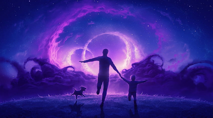 가족 하늘 천국 앰프 지옥 개 별 야간 조명 잔디 보라색 디지털 아트 HD 월페이퍼