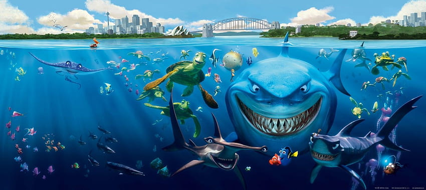Wall mural Finding Nemo 3 sharks Bruce Anchor & Chum 202 x 90 cm / 2.21 yd x 35.43 '' Murals. Finding nemo, Finding nemo poster, Turtle HD wallpaper