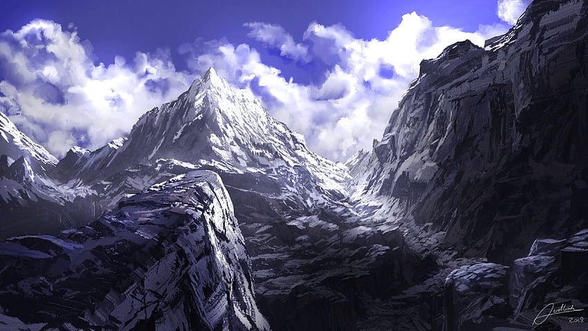 Anime, montañas, cumbre, arte. fondo de pantalla