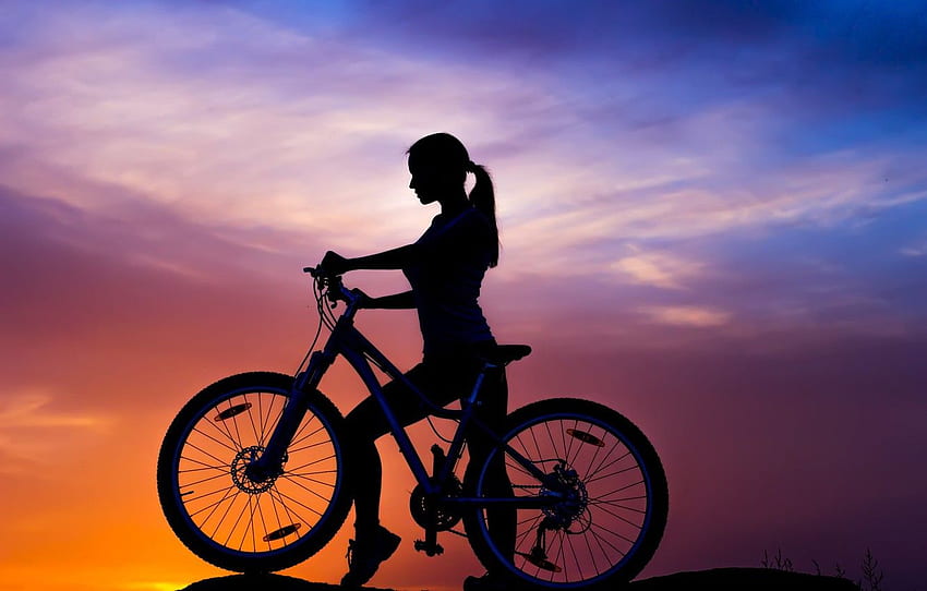 o céu, menina, pôr do sol, bicicleta, esporte, silhueta, bicicleta, bicicleta, montanha para, seção спорт, MTB Girl papel de parede HD