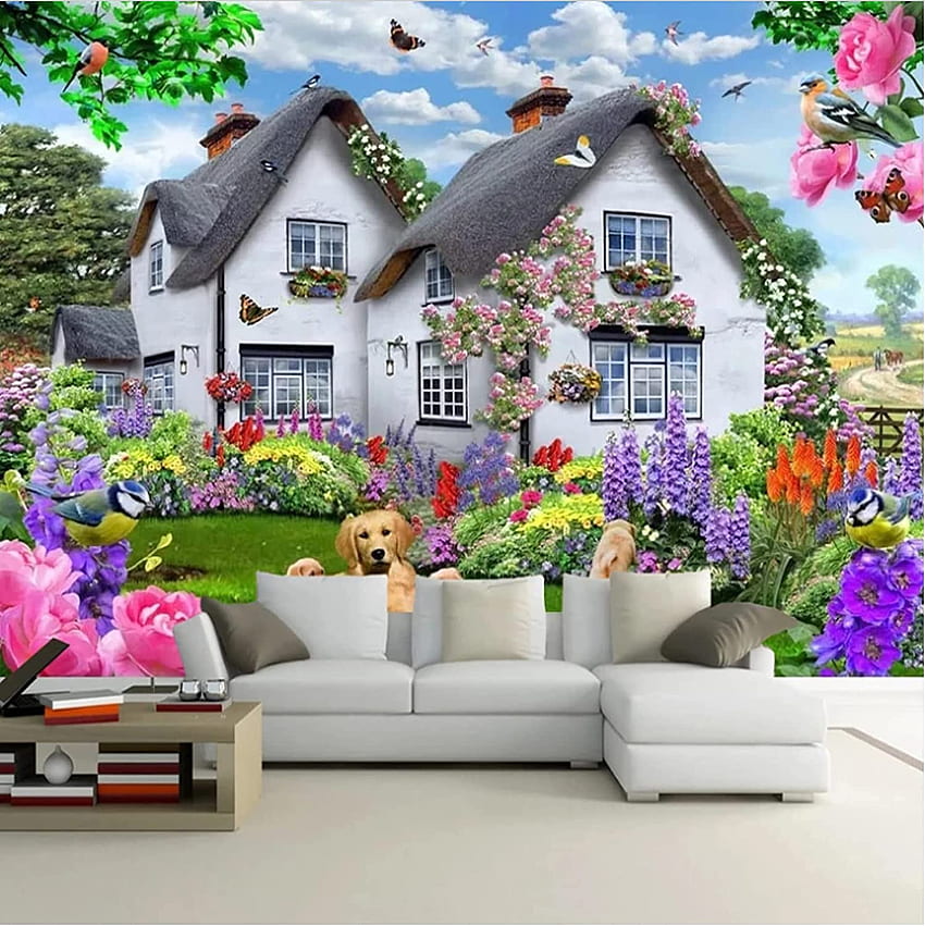 3D 美しい家 庭 犬 自然 風景 ポスター 壁装飾 絵画 子供部屋 寝室 背景 壁画 140X100cm: Poster & Prints HD電話の壁紙