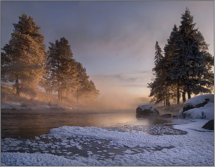 아름다운 겨울, 겨울, 강, 아름다움, 안개, 눈, 나무, 물, 일몰, 하얀, 겨울 왕국, 경치, 인기있는, 추위, 계절, 아름다운, 구름, 자연, 하늘, 얼음 HD 월페이퍼