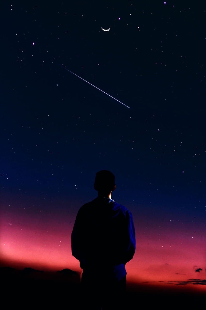 Stars, Night, Silhouette, , , Human, Person, Starfall HD phone wallpaper