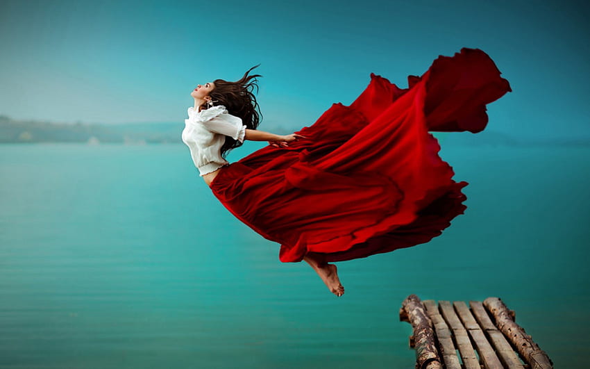 I can fly..., sea, long dress, flying, girl, beauty HD wallpaper