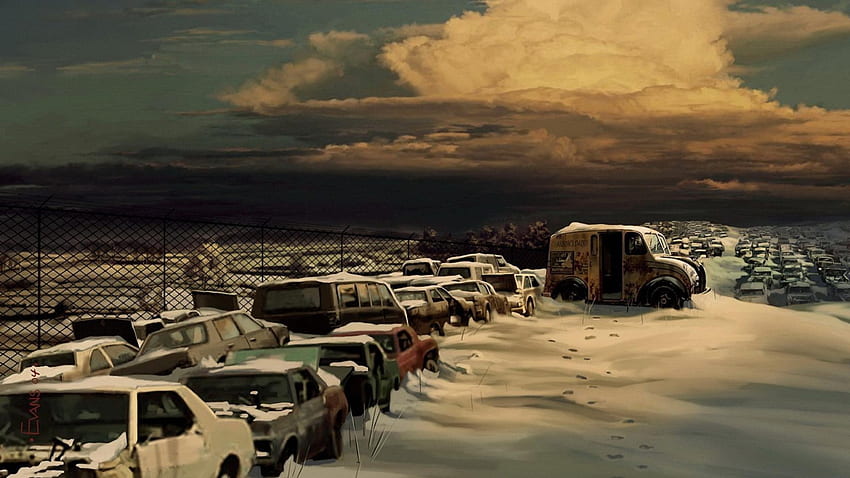 art of a junkyard in winter, winter, junkyard, art, cars HD wallpaper