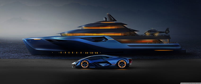 Електрически Lamborghini Hypercar, Yacht Ultra Фон за: и ултраширок и лаптоп: мултидисплей, двоен монитор: таблет: смартфон, електрически син автомобил HD тапет