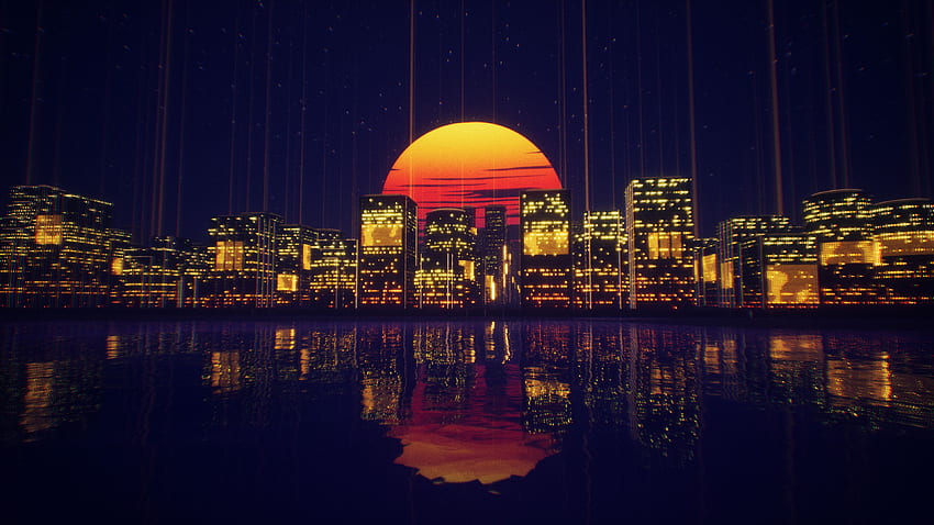Abstract City Retro Sunset Night HD wallpaper