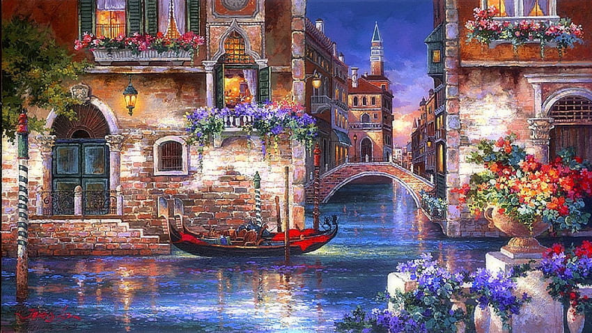 Romantic Canal, splendid, attractions in dreams, colors, paintings, beautiful, Italy, houses, creative pre-made, love four seasons, canals, Venice, bridges, romantic, places, stunning HD wallpaper