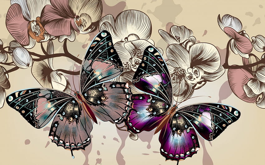 Farfalle, ali, rosa, nere, astratte, farfalle, fiori, orchidee Sfondo HD