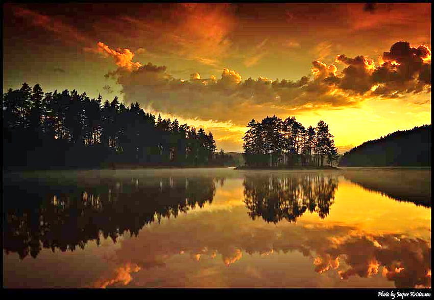 A new day has begun, golden, clouds, trees, sky, water, lake ...