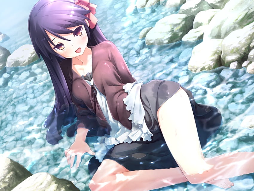Yukishita Miyuri, sungai, rok, pita, gadis, rambut panjang, batu, anime, air, busur Wallpaper HD