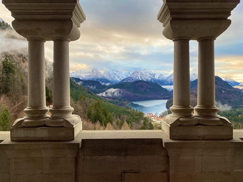 The spectacular view from one of the balconies at Neuschwanstein Castle in Bavaria, Germany.: pics, Castle Balcony HD wallpaper