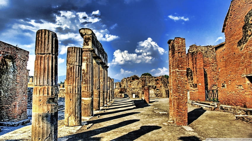 ancient ruins in pompeii italy r, shadows, ruins, columns, clouds, sky, r HD wallpaper