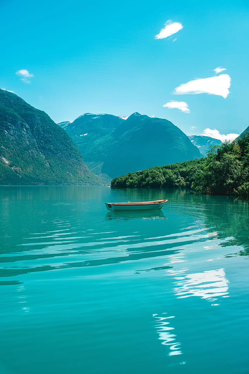 montanhas, natureza, água, horizonte, lago, barco Papel de parede de celular HD